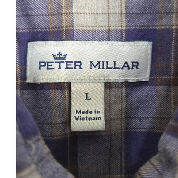 Peter Millar Mens Large Blue Tan Gray Plaid Button Up Shirt Long Sleeve Casual - Picture 6 of 9